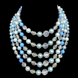 Vintage 50s 60s 5-strand Blue Bead Necklace white clear light blue beads beaded